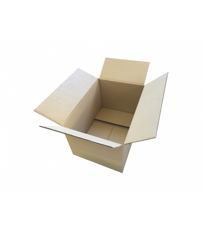 Caja de cartón de canal simple y calidad extra con logo Cajeando y sin asas, medida 43x30x25 cm. Imagen de la caja abierta