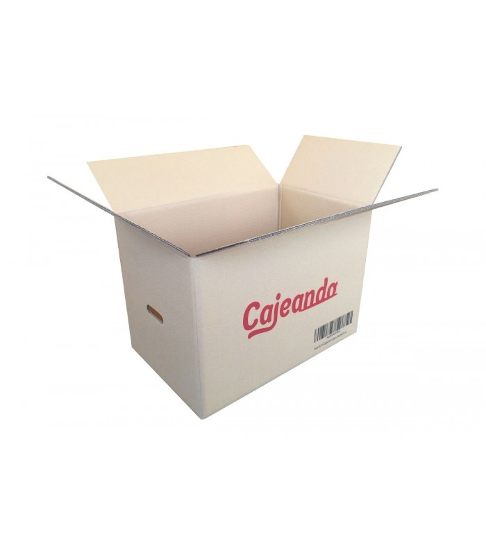 Caja de cartón canal doble logo Cajeando. Abierta. 55x35x37