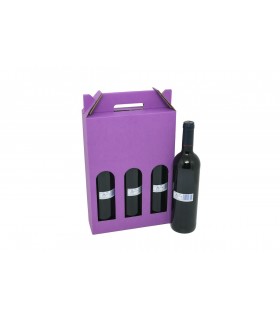 Caja de cartón en forma de estuche para transportar o regalar 3 botellas de vino, en color morado