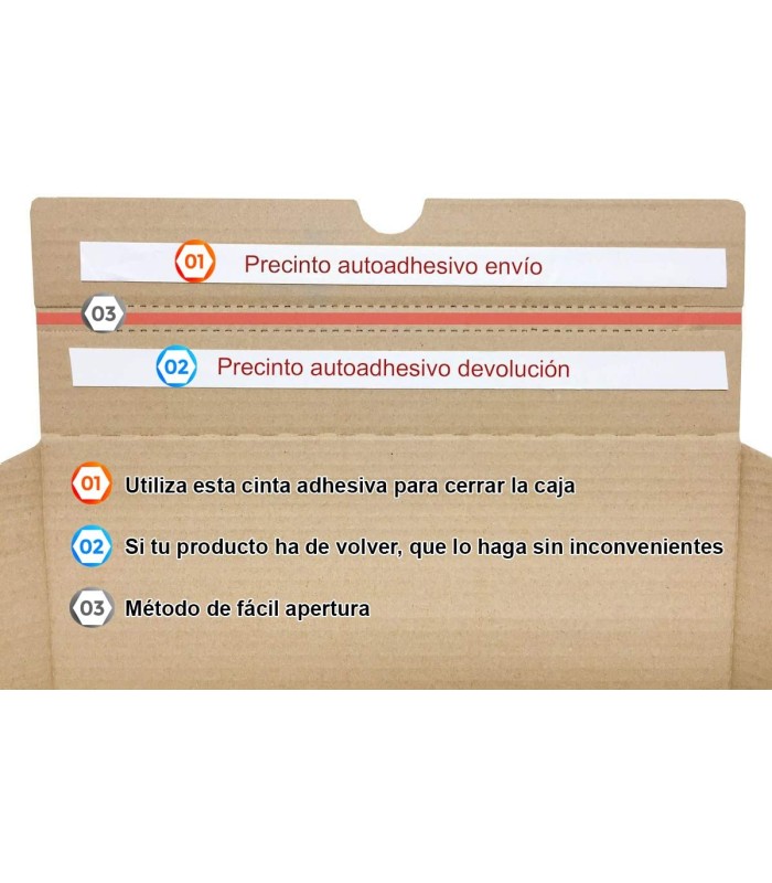Caja troquelada automontable de envío con retorno boomerang, medidas 25x19x8,5 cm. Imagen detalle adhesivo boomerang