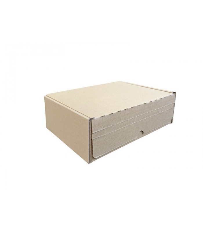 Caja troquelada automontable de envío con retorno boomerang, medidas 25x19x8,5 cm. Imagen lateral cerrada