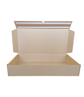 Caja troquelada automontable de envío con retorno boomerang, medidas 72x35x13 cm. Imagen frontal abierta