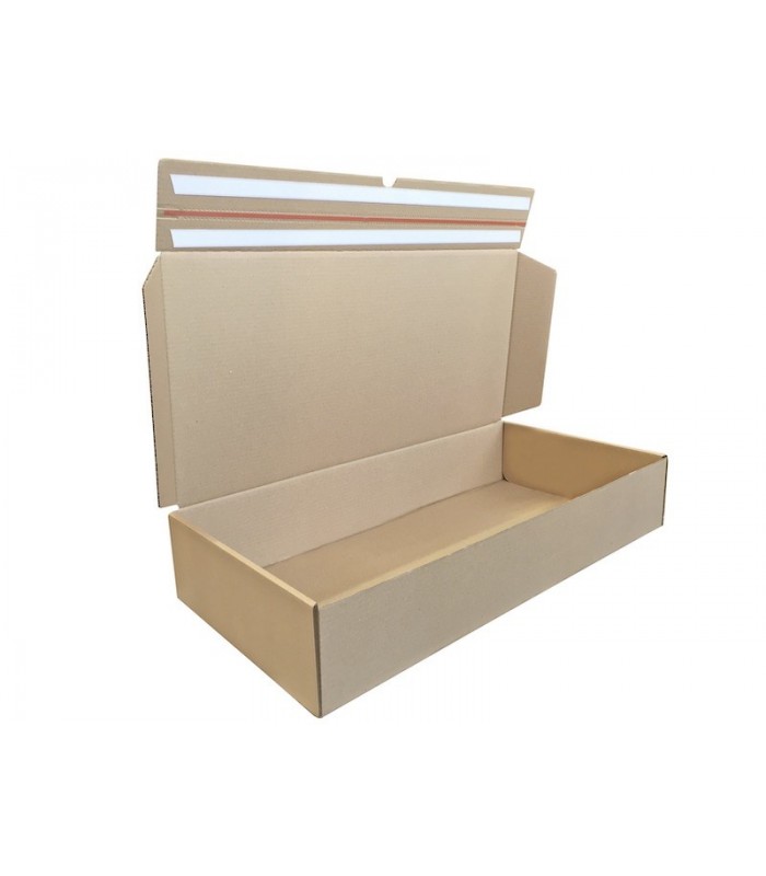 Caja troquelada automontable de envío con retorno boomerang, medidas 72x35x13 cm. Imagen lateral abierta