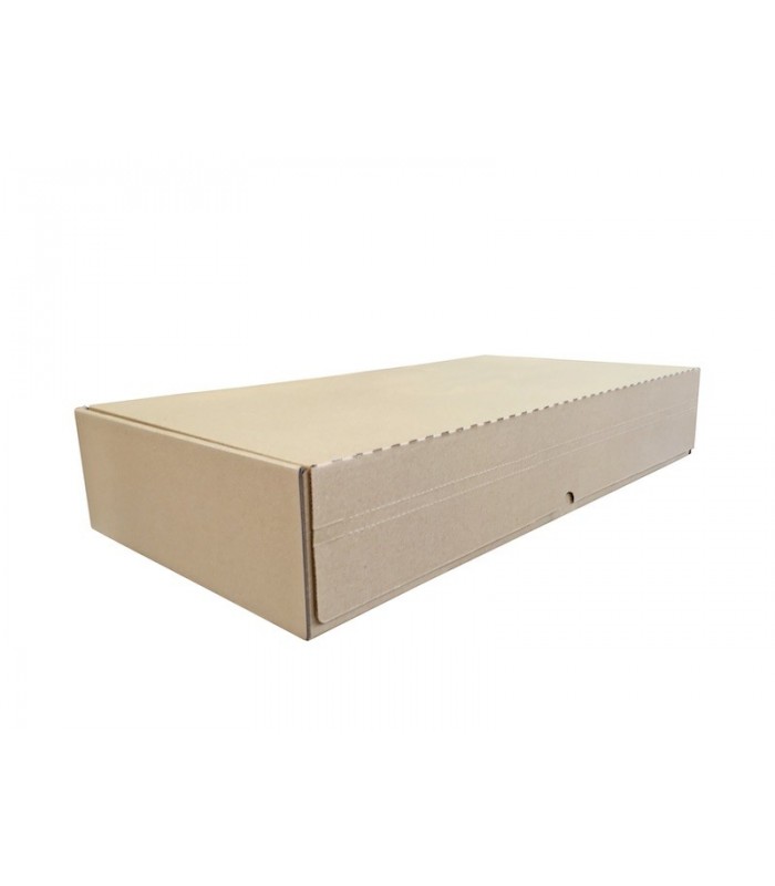 Caja troquelada automontable de envío con retorno boomerang, medidas 72x35x13 cm. Imagen lateral cerrada