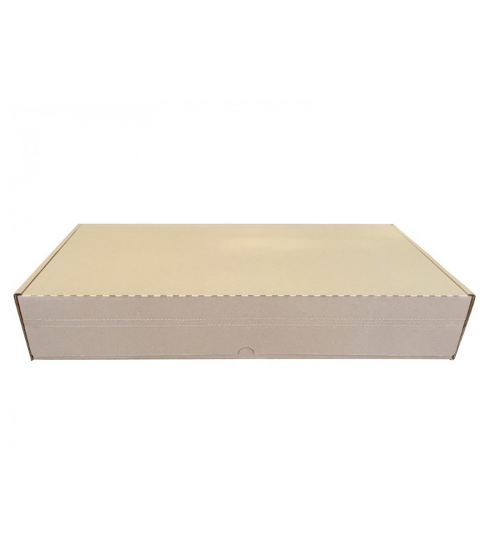 Caja troquelada automontable de envío con retorno boomerang, medidas 72x35x13 cm. Imagen frontal cerrada