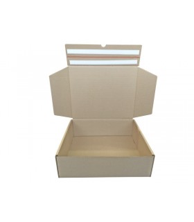 Caja troquelada automontable de envío con retorno boomerang, medidas 42x34x13 cm. Imagen frontal abierta