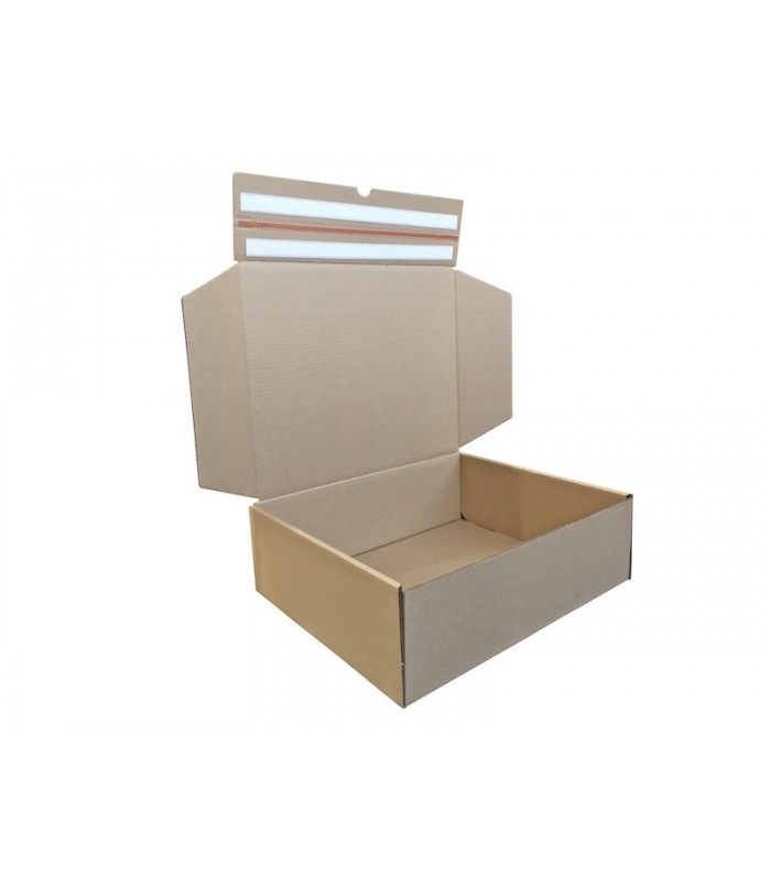 Caja troquelada automontable de envío con retorno boomerang, medidas 42x34x13 cm. Imagen lateral abierta