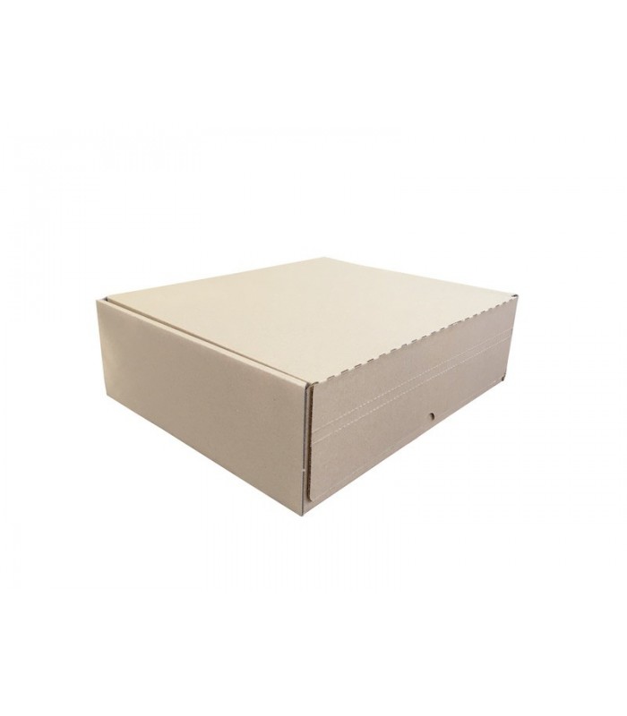Caja troquelada automontable de envío con retorno boomerang, medidas 42x34x13 cm. Imagen lateral cerrada