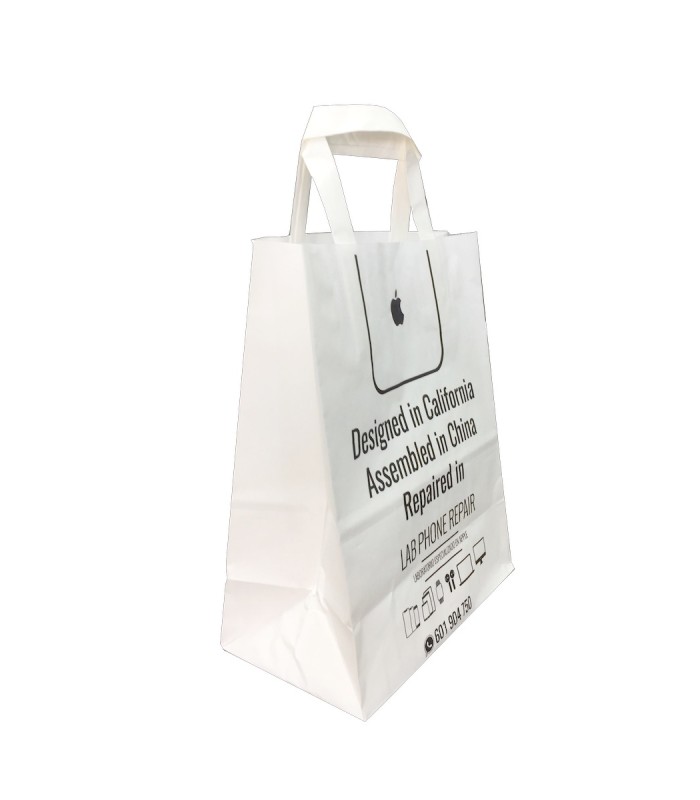 Bolsas Papel Kraft asa plana 21 x 11 x 25 blanca en diagonal impresa