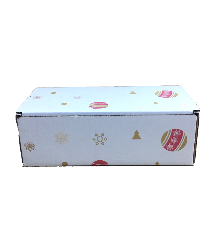 Caja troquelada Ecommerce Blanca 21x10x7 impresa (bolas navidad) frontal