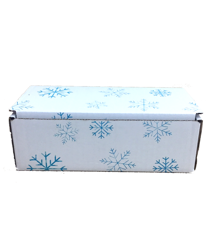 Caja troquelada Ecommerce Blanca 21x10x7 impresa (copos nieve) frontal