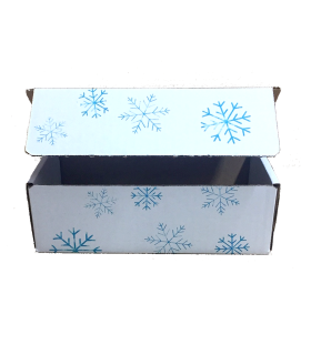 Caja troquelada Ecommerce Blanca 21x10x7 impresa (copos nieve) abierta