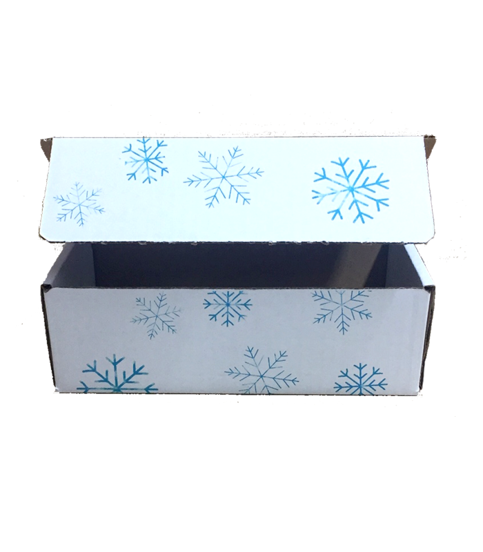 Caja troquelada Ecommerce Blanca 21x10x7 impresa (copos nieve) abierta