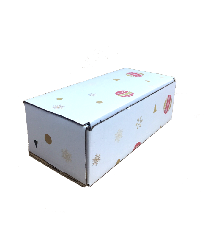 Caja troquelada Ecommerce Blanca 21x10x7 impresa (bolas navidad) lateral