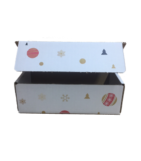 Caja troquelada Ecommerce Blanca 21x10x7 impresa (bolas navidad)