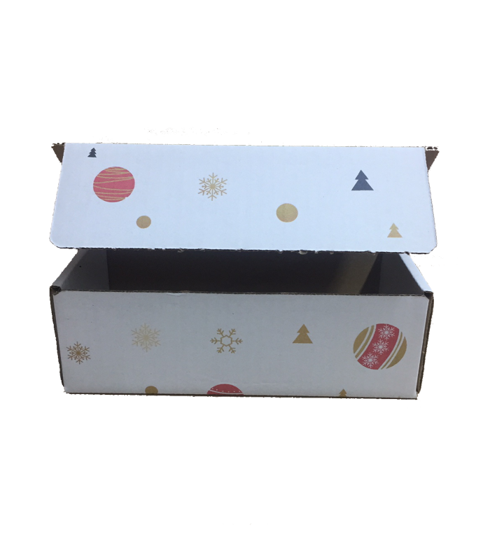 Caja troquelada Ecommerce Blanca 21x10x7 impresa (bolas navidad)