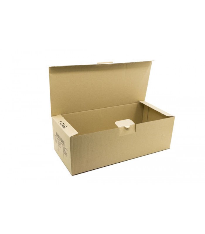 Caja de cartón automontable para zapatos de hombre en color marrón, abierta