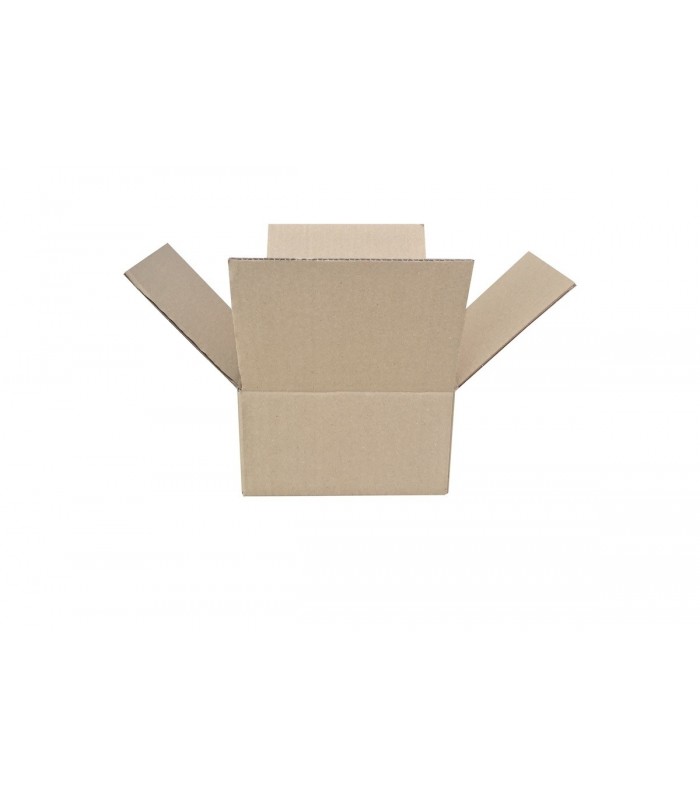 Caja de cartón canal simple en calidad extra, de medidas 19x13,5x10 cm. Imagen caja abierta lado 19cm