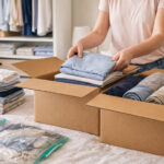 Organizando ropa en cajas de cartón